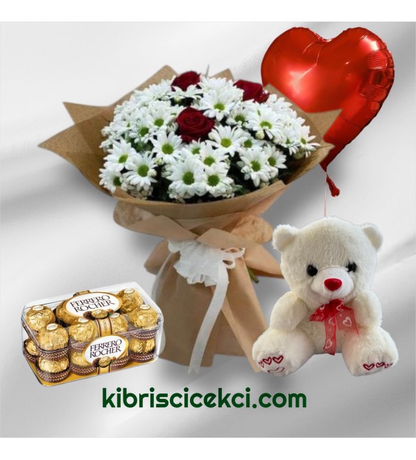 3 Güllü Papatya Buketi Ayıcık 16'lı Ferrero Çikolata Kalp Helyum Balon